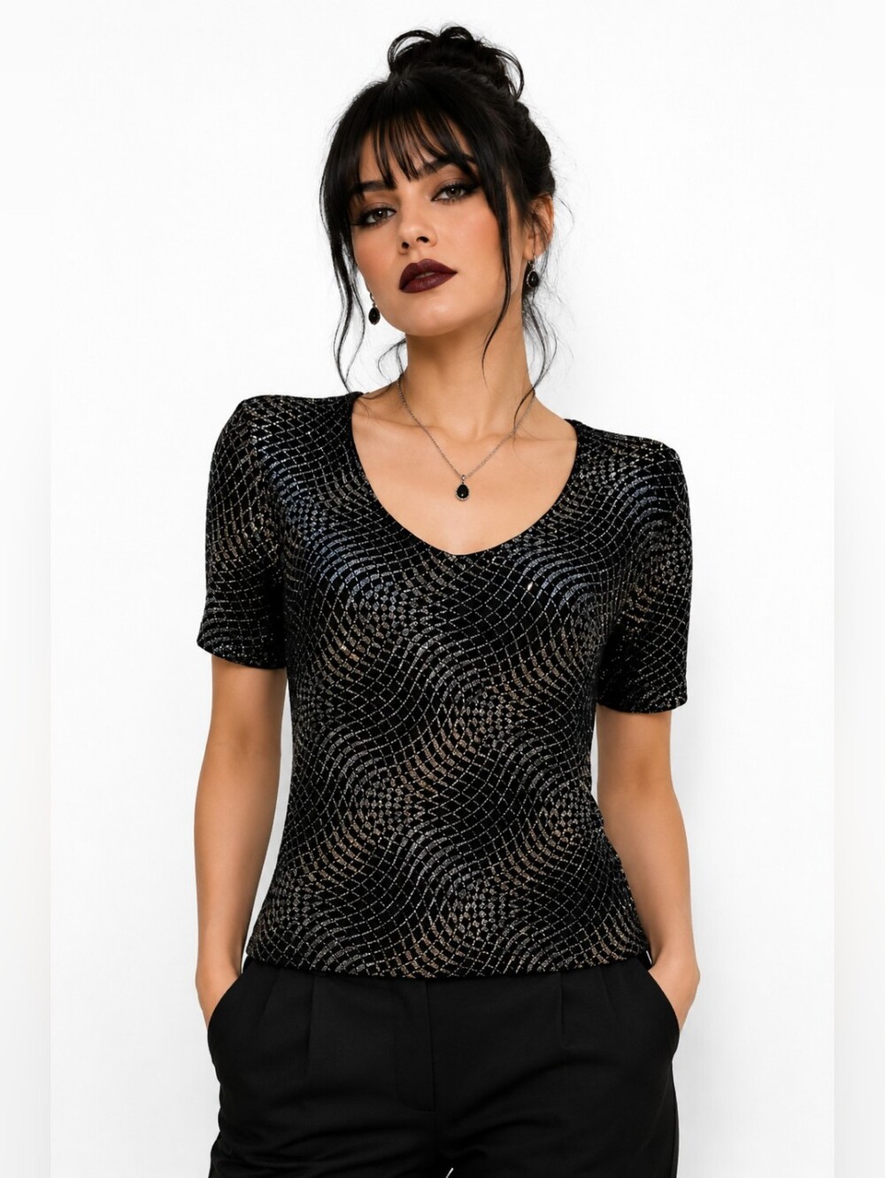 Vintage Ronnie Nicole Black two tone Sparkle mesh Illusion Top  Large goth glam